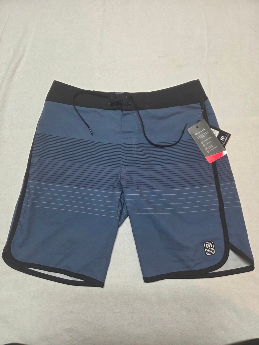 Travis Mathew Blue Striped Swim Board Shorts with Black Trim size 30